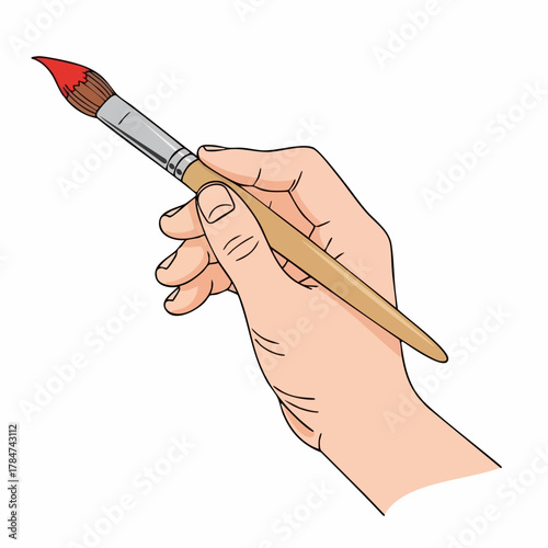 Image of hand holding paint brush with red paint for an art project, captured in this artwork. This hand with paint brush is ideal for an artist creating illustrations.