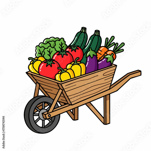 Cartoon wheelbarrow image filled with fresh vegetables. Wheelbarrow featuring colorful veggies and farm fresh produce creates wholesome cooking vibes.