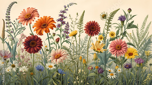 Horizontal Garden Border of Wildflowers: Orange Pink Gerbera, Burgundy Dahlia, Purple Cornflower, White Chamomile in a Vintage Naturalist Drawing Style.
