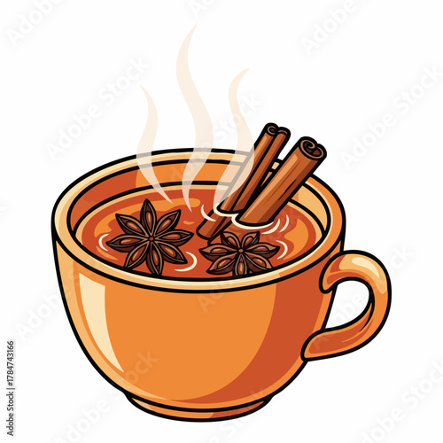 Whisk image showcasing a warm spiced drink with cinnamon sticks and star anise. Whisk presentation includes aromatic spices infused in hot liquid, perfect for winter refreshment.