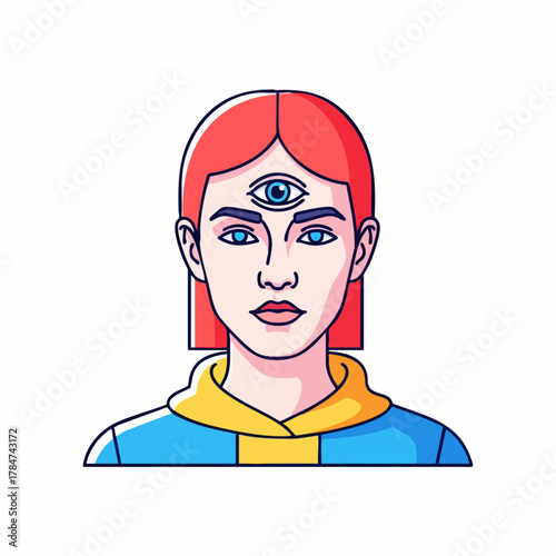 Third eye spiritual awakening with red hair woman. Spiritual journey to another world includes enlightenment and divine wisdom, showing individual on path. Symbolism third eye for spiritual concept,