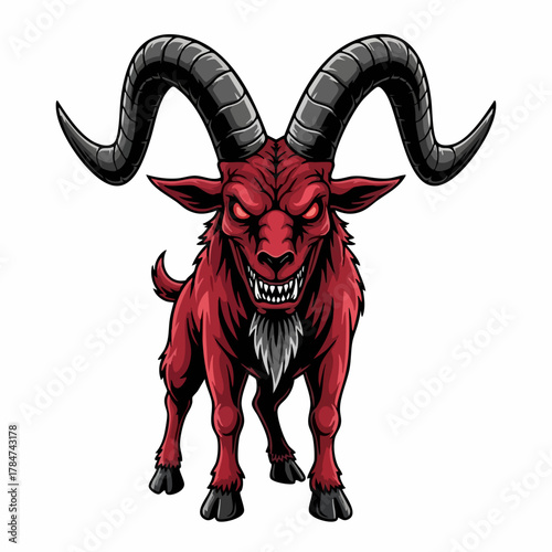 Red satanic goat artwork is great for November projects, featuring whisk-like horns on demonic beast. This goat artwork showcases intense eyes and sharp teeth,