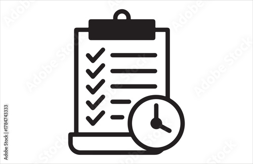 A flat clipboard icon vector illustration on a white background featuring a checklist paper document symbol for business office forms and web app design