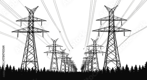 High voltage power line towers and electricity transmission pylons landscape with forest silhouette, energy infrastructure, CAD drawing flat vector illustration.