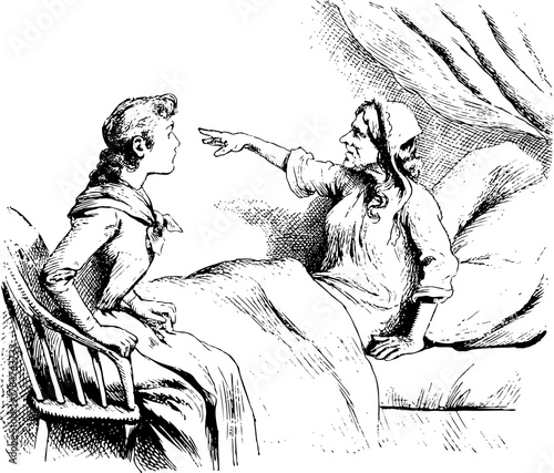 Elderly lady pointing leave to younger girl Monochrome Vintage line drawing from the1890s, representing the culture and fashion of the times.