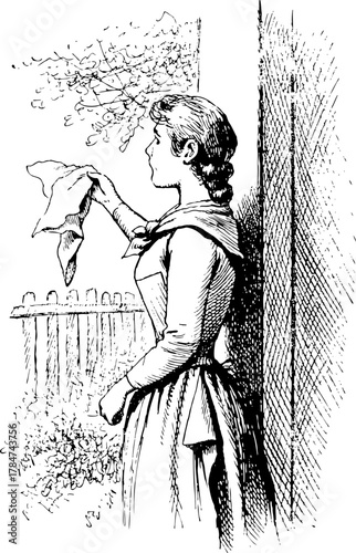 Lady standing with a handkerchief, waving goodbye Monochrome Vintage line drawing from the1890s, representing the culture and fashion of the times.