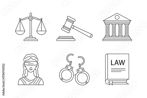 Law and Justice Icon Set Line Style. Law Icon Vector