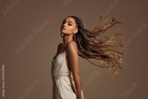 Woman with beautiful braided hair flowing in the wind poses in front of beige background