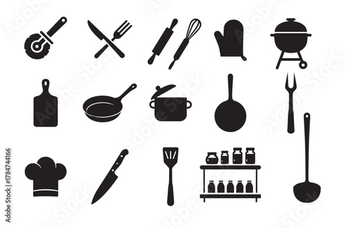 Collection of silhouette kitchen utensils and cooking equipment icons