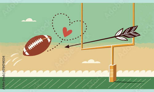 A playful illustration combining love and sports — a football kicked toward a goalpost pierced by Cupid’s arrow, forming a heart in the sky. Perfect for Valentine’s Day sports themes, romantic events 