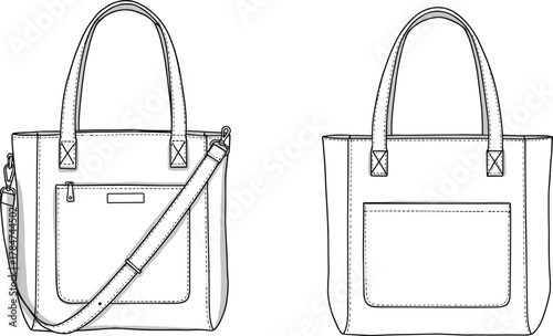Elegant women tote handbag with front zipper pocket and shoulder strap, fashion technical sketch, CAD drawing flat vector illustration.