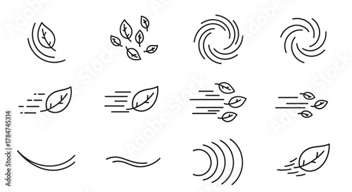 A collection of thin line icons representing wind effects, depicting air currents, gusts, and swirling leaves. Vector symbols for weather and nature concepts