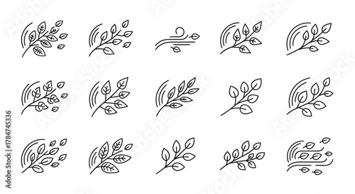 Set of thin line icons depicting tree branches and leaves blowing in the wind, illustrating weather concepts like breezy and windy