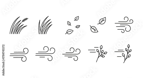 Collection of line art icons depicting wind and nature elements such as leaves and grass