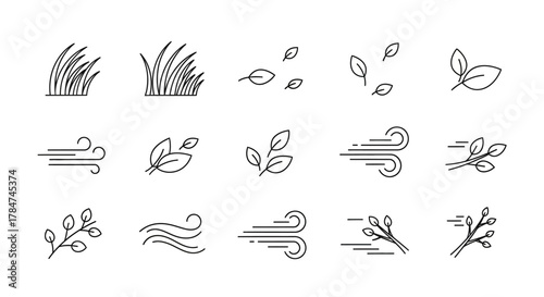 Collection of simple line art icons representing wind, leaves, and grass for seasonal or nature themes