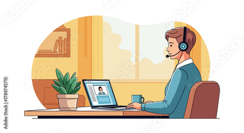 Woman with headset on a video call at a desk with a laptop.