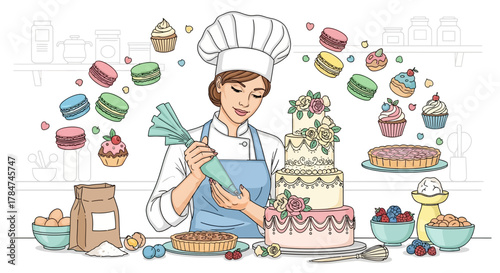 A skilled baker decorates a beautiful tiered cake with intricate frosting details, surrounded by various pastries and baking ingredients.