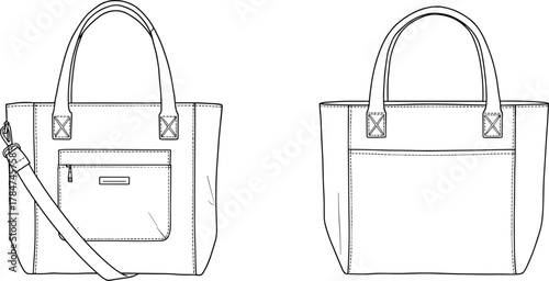Women tote handbag technical flat sketch, front and back view with strap and pocket detail, CAD drawing flat vector illustration for designers.