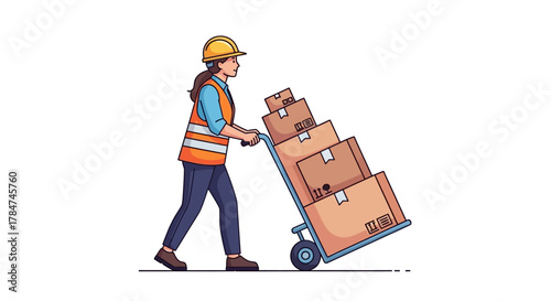 A woman in a hard hat and safety vest pushing a hand truck loaded with cardboard boxes, representing logistics and delivery.