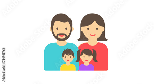 Illustration of a family of four, including parents and two children, smiling happily.