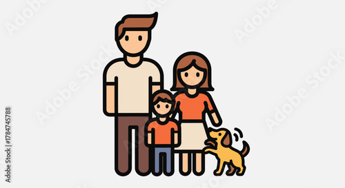 A simple cartoon illustration of a happy family unit with a father, mother, son, and their pet dog.