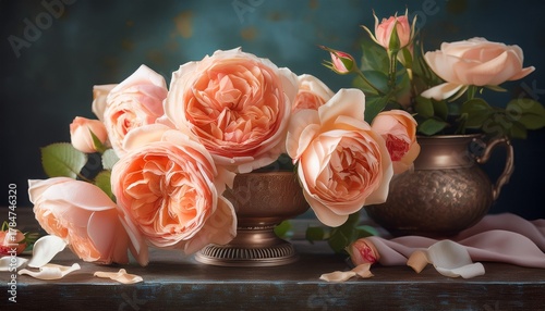 Peach Roses Floral Bouquet Antique Petals Romantic Still Life