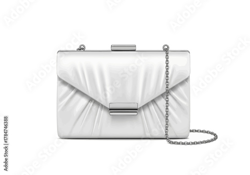 A white clutch purse with a silver chain and hardware on a white background