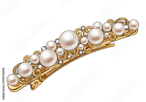 Gold barrette w pearls  diamonds curved body pressure clip  decorative swirls
