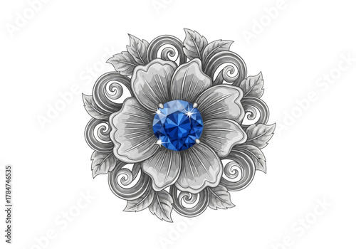 Gray flower brooch with a brilliant blue gem at its center