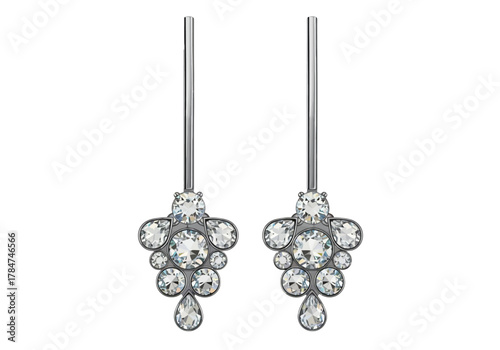 Pair of silver earrings with ornate cluster of clear gemstones on a white background