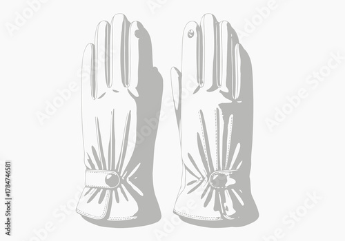 Pair of white gloves displayed sidebyside wrist straps with button details
