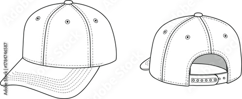 Baseball cap technical flat sketch, front and back side view, unisex headwear fashion design template, CAD drawing flat vector illustration for designers.