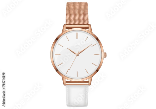 Rose gold watch with a white face copper band and a white leather strap
