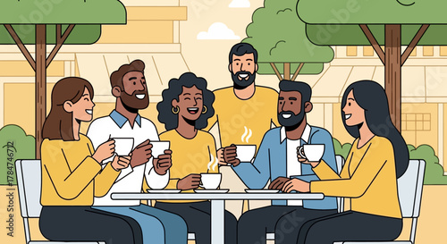 Group of friends enjoying coffee together at an outdoor cafe, smiling and laughing.