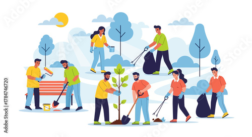 Volunteers planting a tree, painting a bench, and picking up trash in a park.