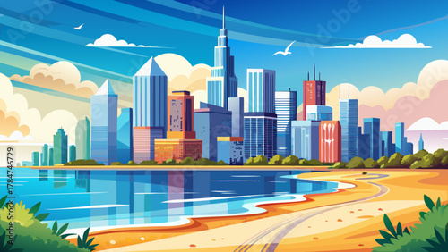 Very beautiful picturesque view of the Chicago skyline and sandy beach with sparkling Lake Michigan under a sunny sky, featuring bright reflections, modern skyscrapers, and a realistic vibrant waterfr
