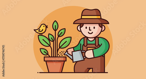 A cartoon illustration of a friendly gardener in a hat watering a potted plant with a small bird perched on a leaf.