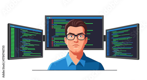 A focused programmer wearing glasses stands in front of multiple computer monitors displaying lines of code.