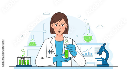 Female scientist in a lab coat holding a test tube with green liquid in a science laboratory.