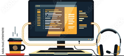 Computer screen displaying code and headset connected to a coffee cup on a desk, representing programming and remote work