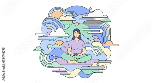 A woman meditates peacefully surrounded by abstract, flowing shapes and pastel colors.