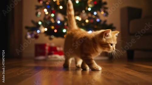 Cute Kitten Walking Near Christmas Tree with Festive Lights