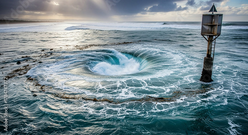 Fototapeta Naklejka Na Ścianę i Meble -  Dramatic ocean whirlpool with a navigation marker in a turbulent sea scene