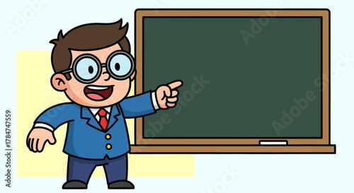 A cartoon male teacher with glasses pointing at a blank green chalkboard.