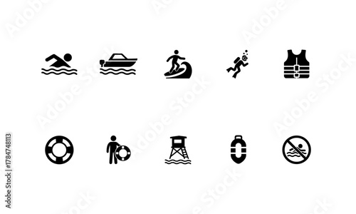 10er-Set Wasseraktivitäten & Rettung: Schwimmen, Boot, Tauchen, Surfen, Schwimmweste, Rettungsring, Rettungsschwimmer, Rettungsturm, Boje, Nicht schwimmen