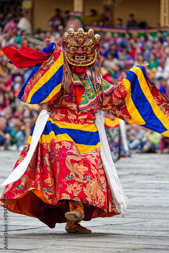 THIMPHU, BHUTAN, October 3, 2025 : Masked dancer at the Thimphu Tshechu, a celebrated religious festival and a vivid demonstration of Bhutanese spiritual traditions