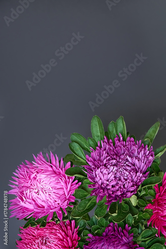 A bouquet of bright Aster flowers on a dark background.