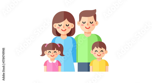 A happy cartoon family of four, including a mother, father, son, and daughter, smiling together.
