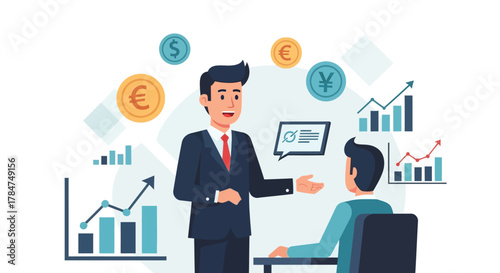 Two businessmen discussing financial growth and investment strategies with currency symbols and charts in the background.
