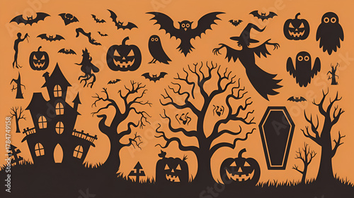 Highly detailed vivid vector collection of fifty Halloween silhouettes including haunted house witch ghost pumpkins tree owl and coffin on orange background
